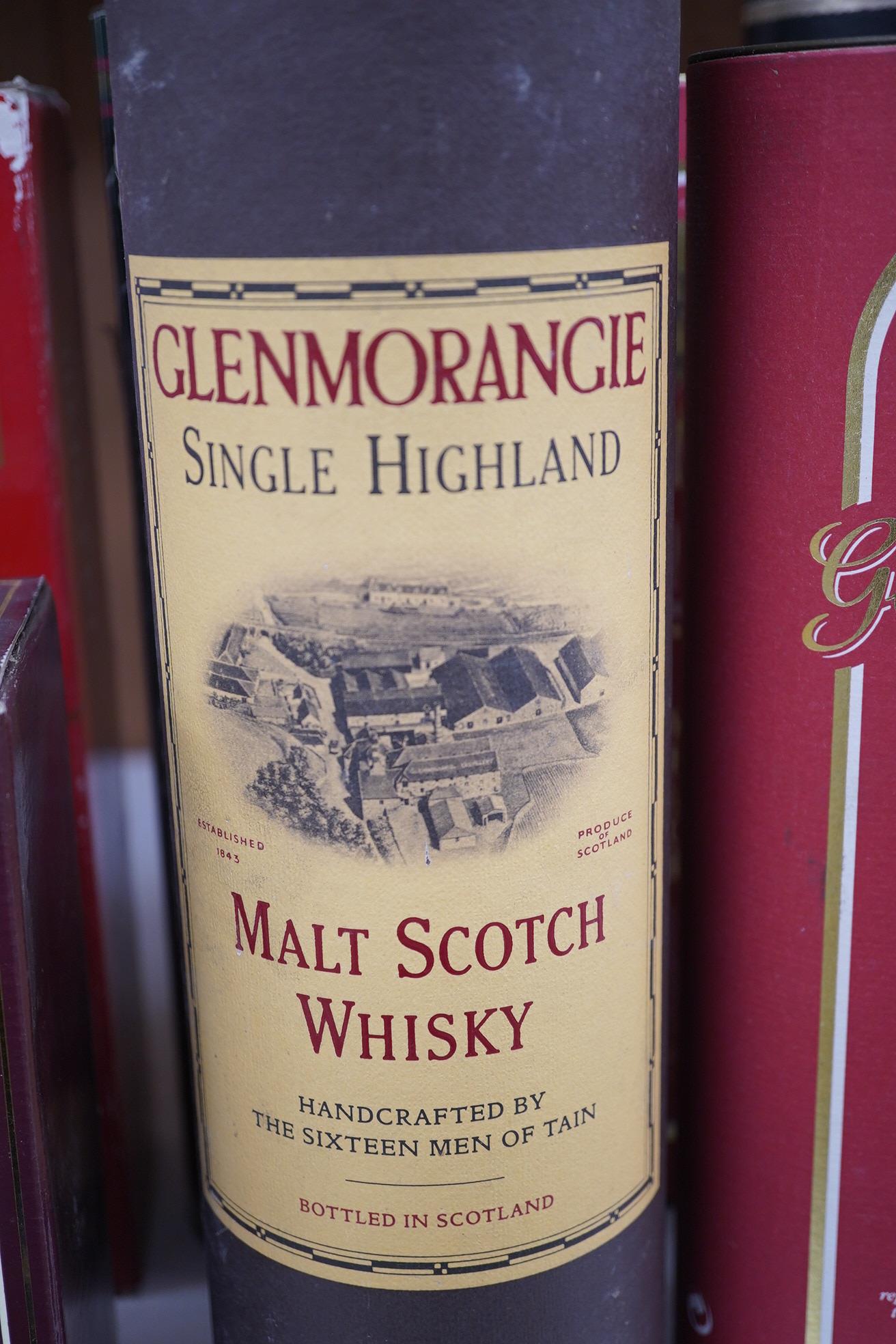 A group of ten bottles of Scotch Whisky; Glenfiddich Pure Malt Special Reserve 1 litre x2, Glenmorangie ten year 1litre, Glenlivet 12 year 70cl, Macdonalds Glencoe 8 year 70cl, The Famouse Grouse 10 year 70cl, John Hopki